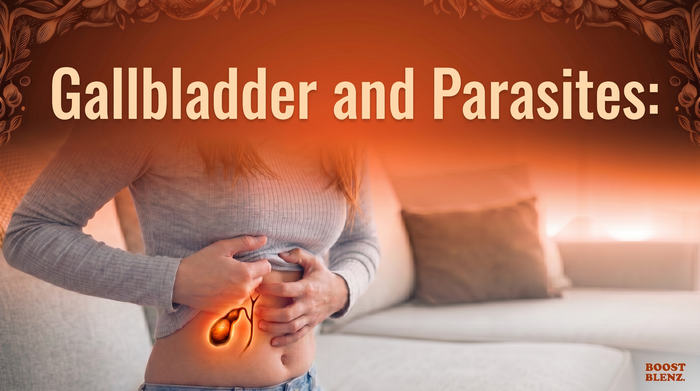 Woman holding her side with the gallbladder and bile ducts highlighted β Gallbladder and Parasites