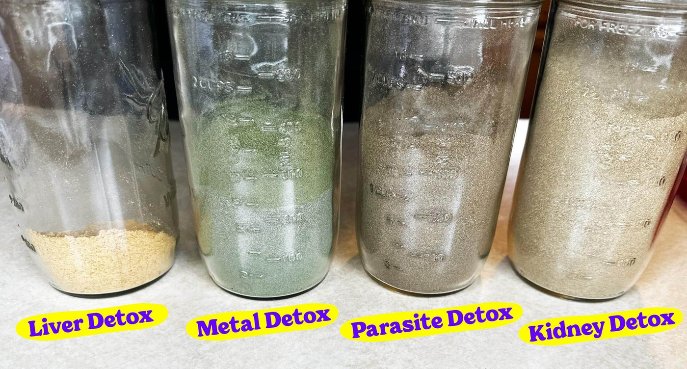 Four glass jars labeled 'Liver Detox', 'Metal Detox', 'Parasite Detox', and 'Kidney Detox' with different substances inside.
