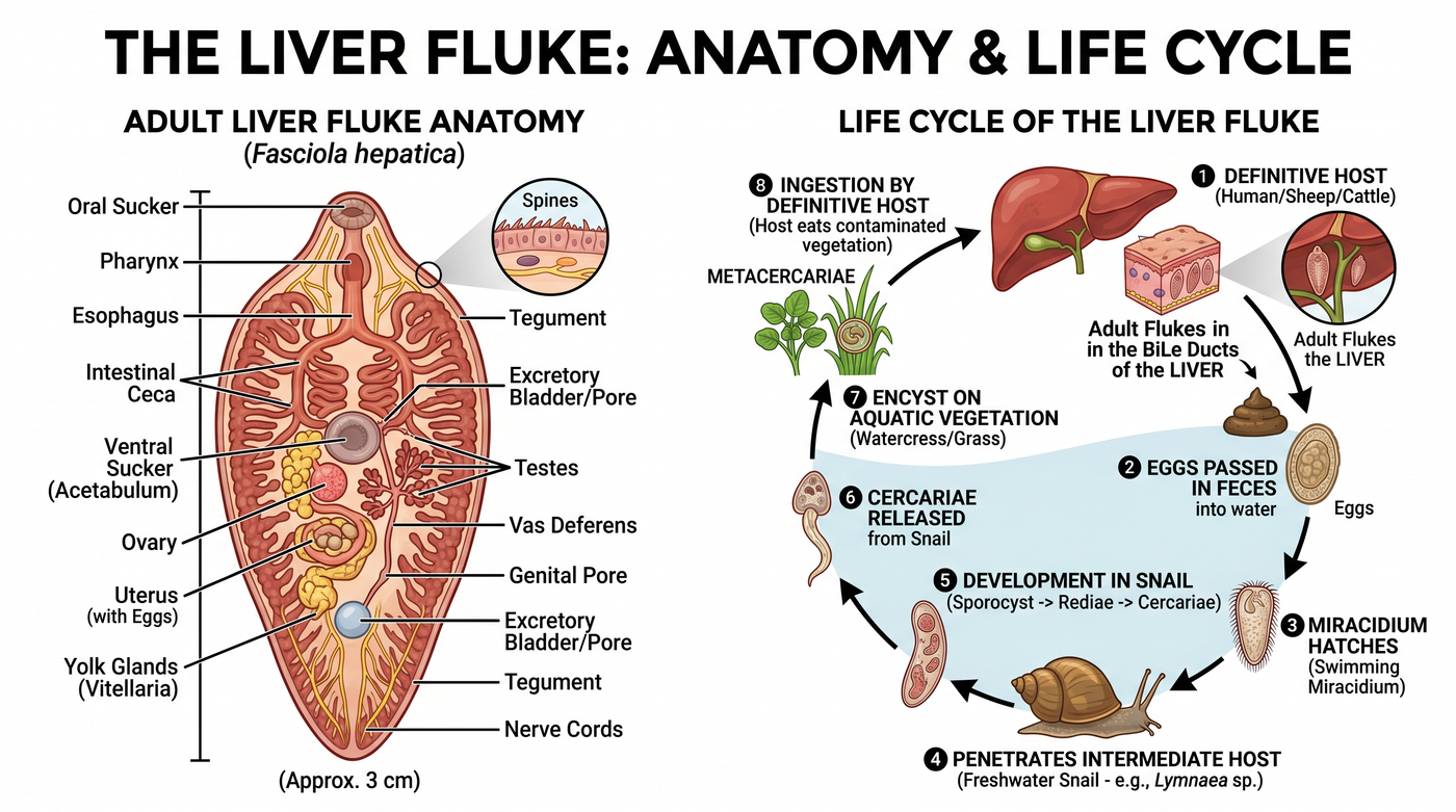 The liver fluke and where it lives in the body.