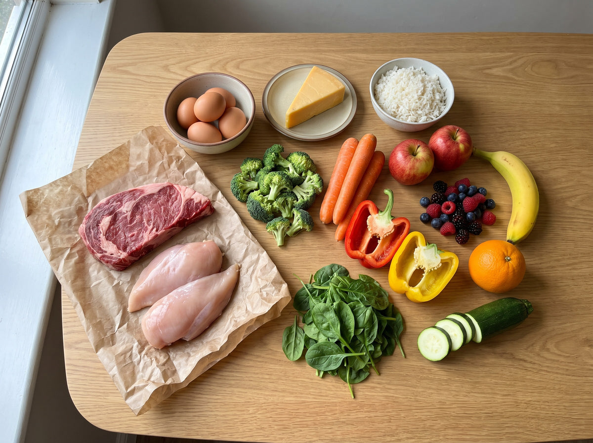 Whole foods to eat during a detox: steak, chicken, eggs, cheese, rice, vegetables and fruit