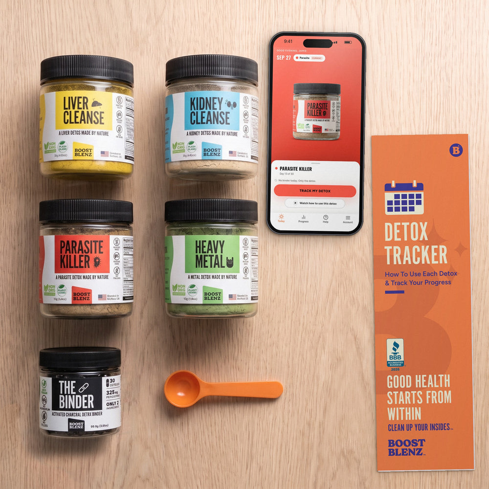 Everything in the 4-Stage Detox Kit: Liver, Kidney, Parasite and Heavy Metal jars, The Binder, the orange scoop, the printed Detox Tracker and the Detox Tracker app