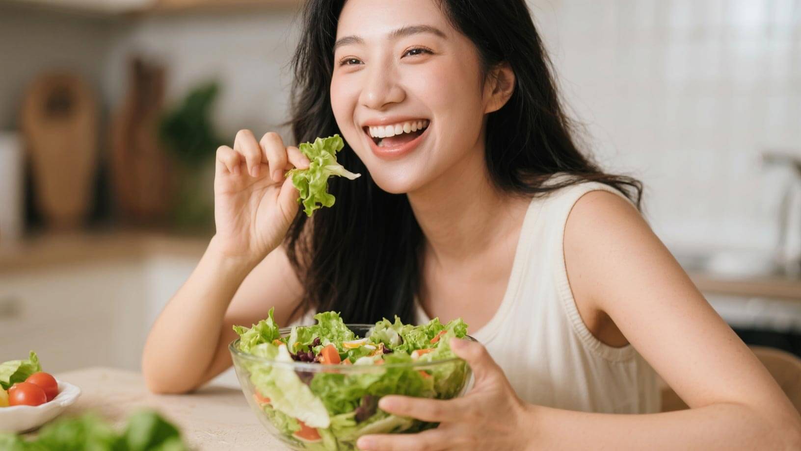 Girl eating a salad during her detox