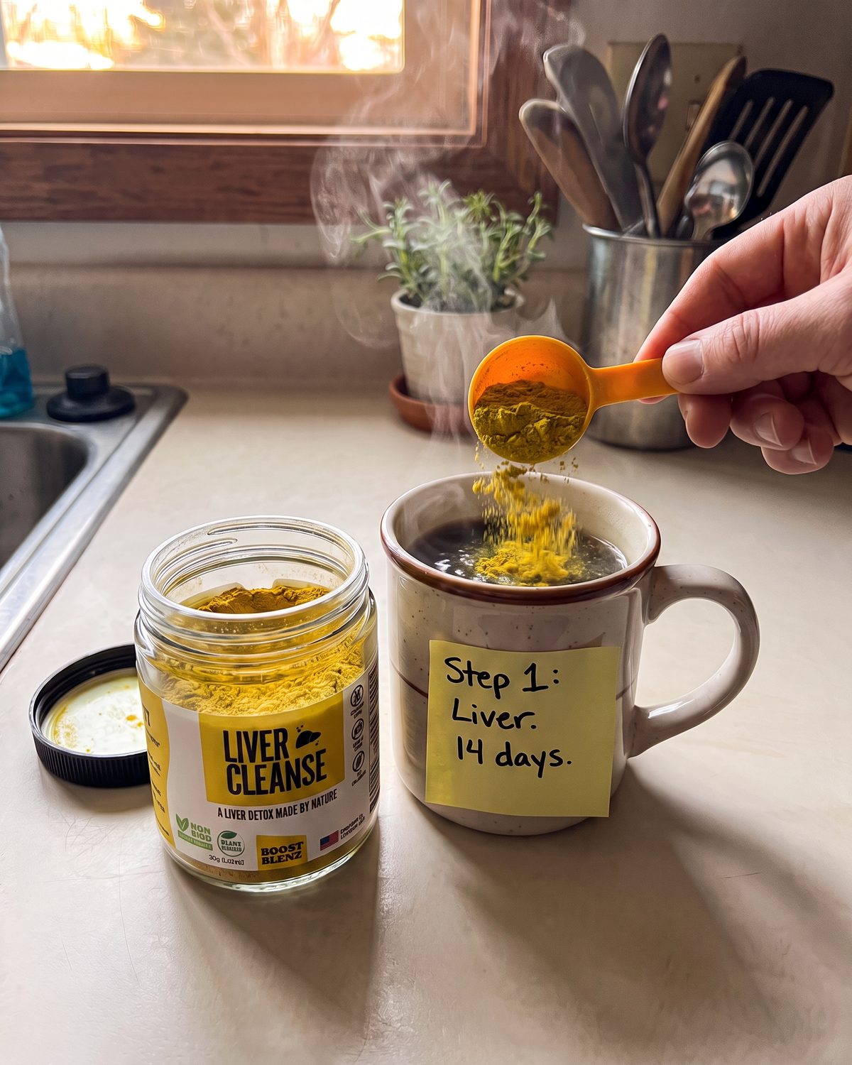 A scoop of Liver Cleanse going into a morning coffee with a Step 1 sticky note
